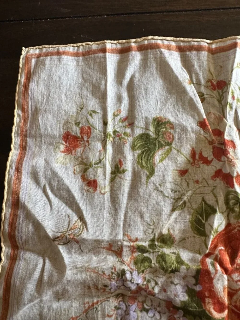 Vintage Flora Stoffels Handkerchief With Orange Roses & Bugs Print